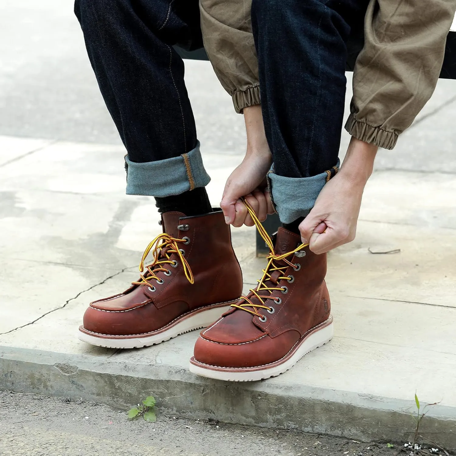 Mens Work Boots Soft Moc Toe Handmade Classic Ankle Fashion Casual 6 Inch Wedge Sole Industrial Construction Shoes Brown/Black