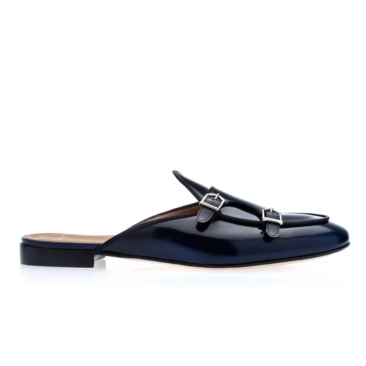 SUPERGLAMOUROUS Tangerine 7 Men's Shoes Navy Polished Leather Monk-Straps Belgian Slipper Mules (SPGM1241)