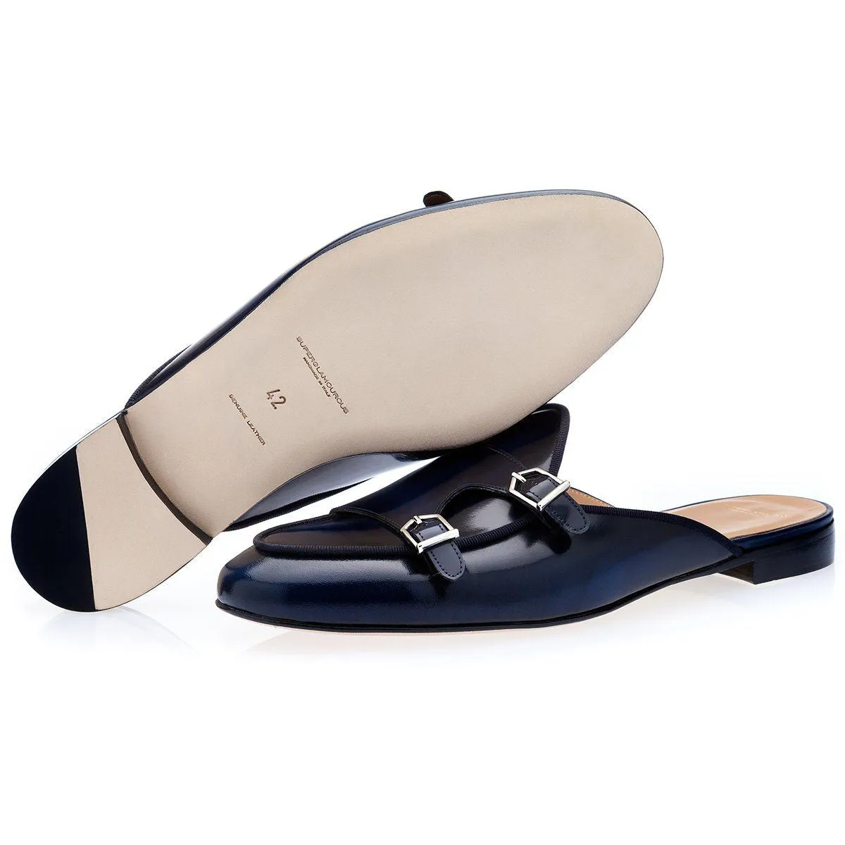 SUPERGLAMOUROUS Tangerine 7 Men's Shoes Navy Polished Leather Monk-Straps Belgian Slipper Mules (SPGM1241)