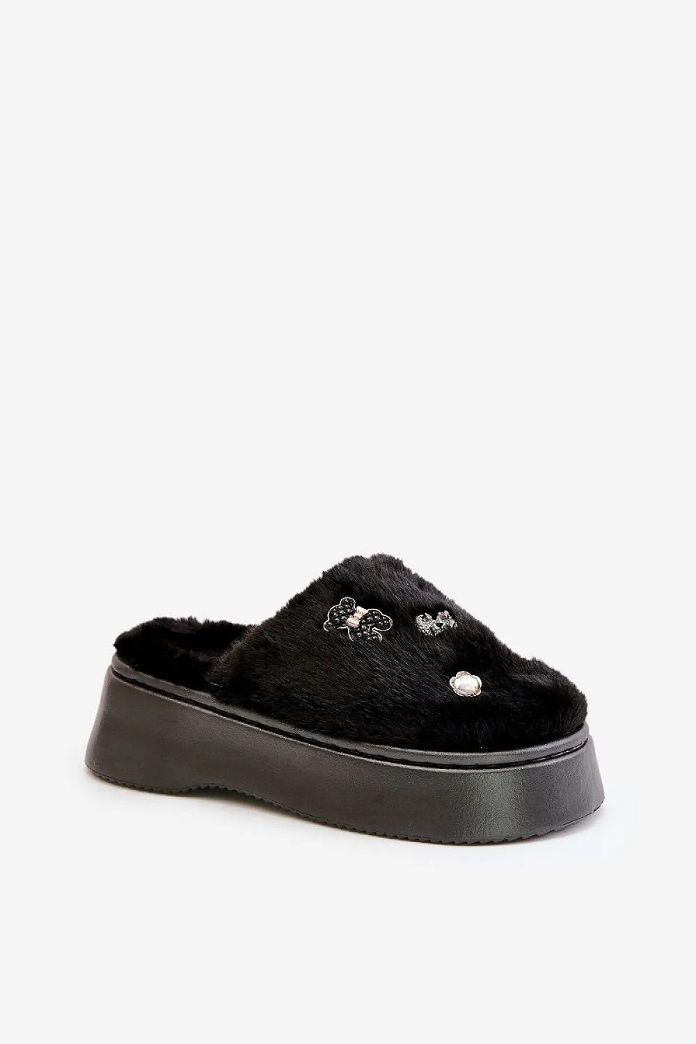 TEEK - Black Bejeweled Fluff Slippers