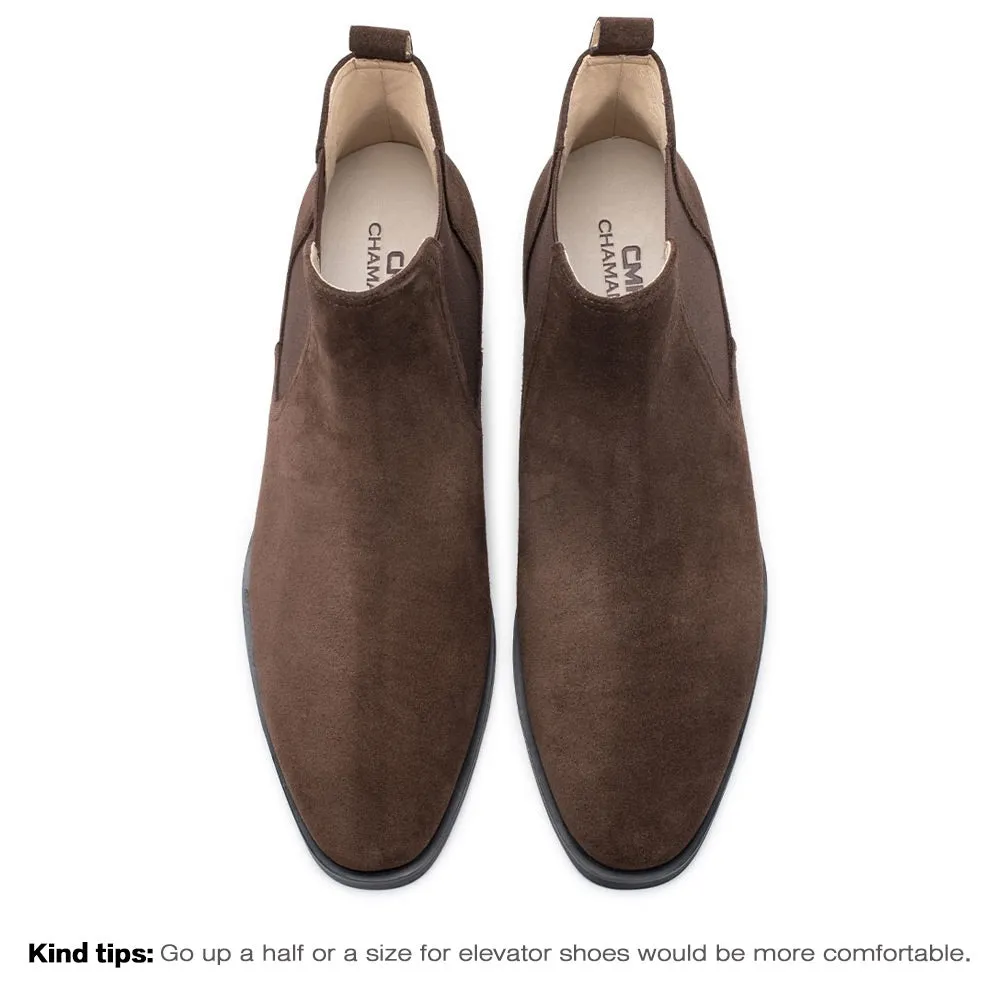 This item only ships to the United States - 7 CM / 2.76 Inches - CMR CHAMARIPA Height Increasing Boots - Mens Elevator Boots - Coffee Suede Leather Men's Elevator Chelsea Boots