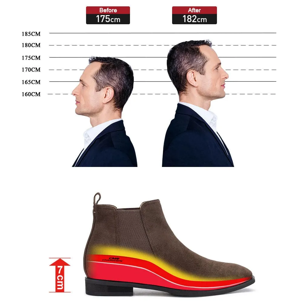 This item only ships to the United States - 7 CM / 2.76 Inches - CMR CHAMARIPA Height Increasing Boots - Mens Elevator Boots - Coffee Suede Leather Men's Elevator Chelsea Boots