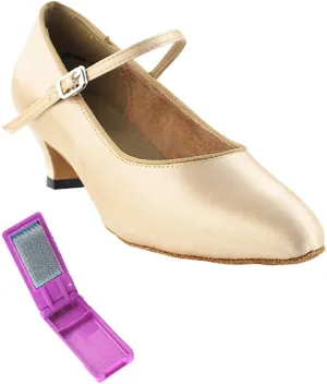Very Fine Dance Shoes - Ladies Practice, Cuban Low Heel Ballroom Dance Shoes - 3008-1.3-inch Heel and Foldable Brush Bundle - Light Brown Satin - 6.5