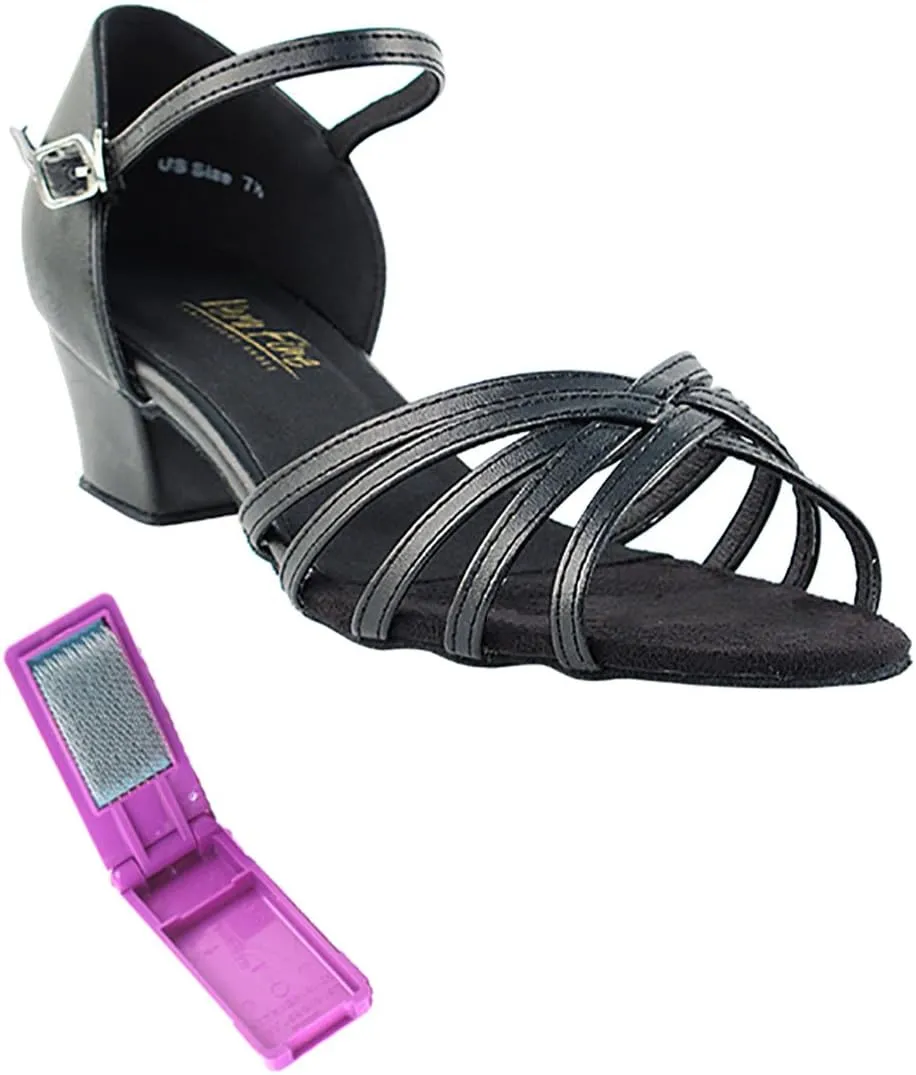 Very Fine Dance Shoes - Ladies Practice, Cuban Low Heel Ballroom Dance Shoes - 802-1.5-inch Heel and Foldable Brush Bundle - Black Leather - 9.5