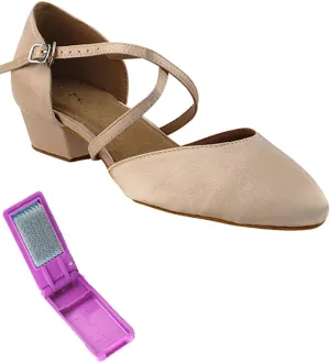 Very Fine Dance Shoes - Ladies Practice, Cuban Low Heel, Waltz Ballroom Dance Shoes - 9691FT - 1-inch Heel and Foldable Brush Bundle - Flesh Satin - 8