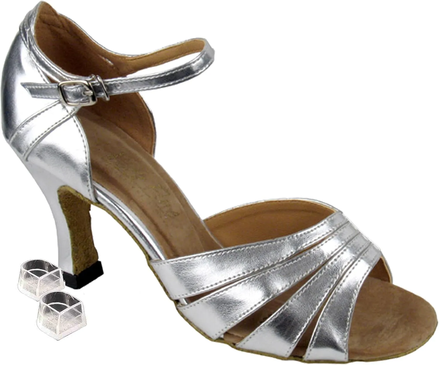 Very Fine Dance Shoes Women's Salsa Ballroom Tango Latin Dance Shoes Style 1680 Bundle with Plastic Dance Shoe Heel Protectors, Silver Leather 5 M US Heel 3 Inch