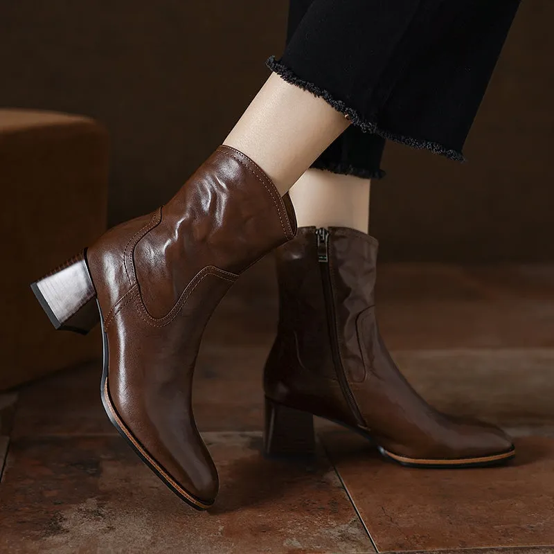 Vintage Handmade Cowhide Square Toe Side Zip Ankle Boots with 55mm Block Heel Black/Brown