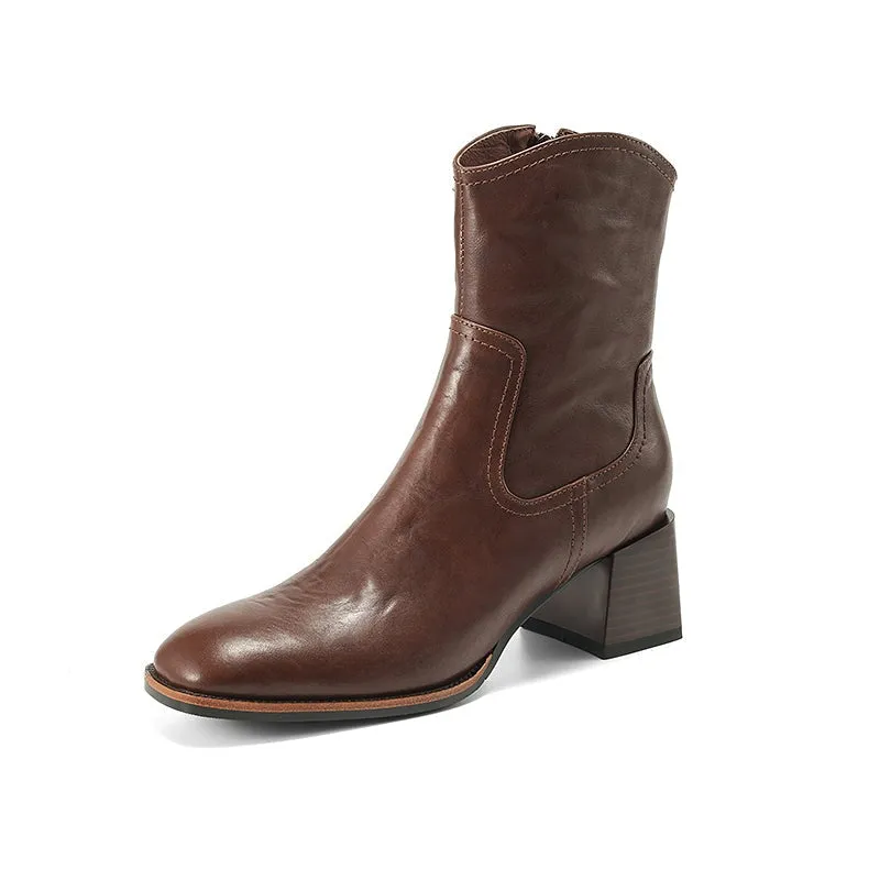Vintage Handmade Cowhide Square Toe Side Zip Ankle Boots with 55mm Block Heel Black/Brown