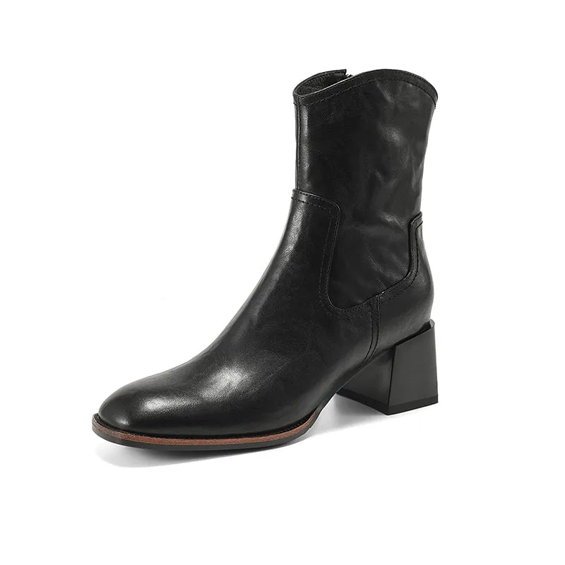 Vintage Handmade Cowhide Square Toe Side Zip Ankle Boots with 55mm Block Heel Black/Brown