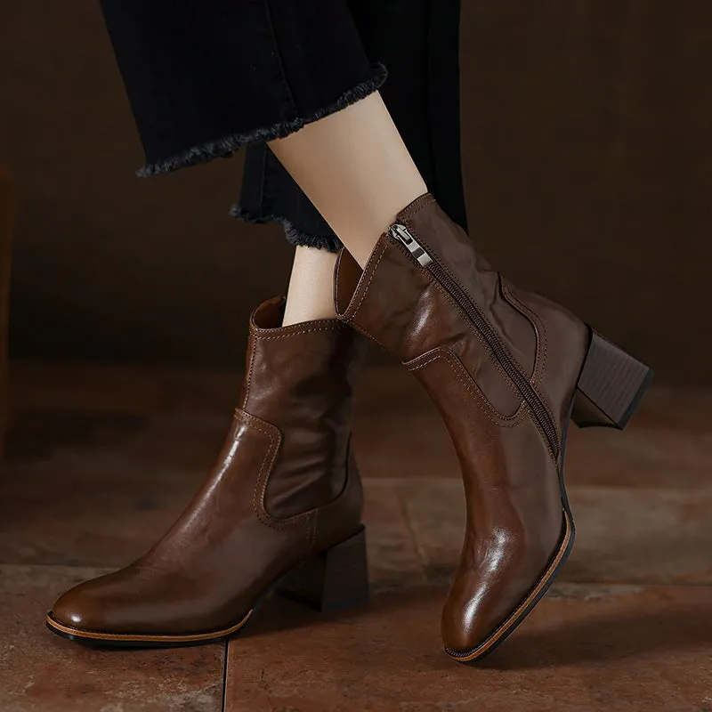 Vintage Handmade Cowhide Square Toe Side Zip Ankle Boots with 55mm Block Heel Black/Brown