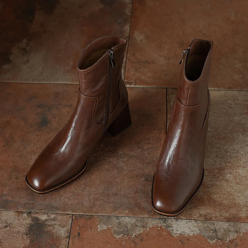 Vintage Handmade Cowhide Square Toe Side Zip Ankle Boots with 55mm Block Heel Black/Brown