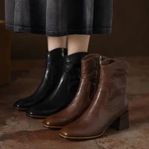 Vintage Handmade Cowhide Square Toe Side Zip Ankle Boots with 55mm Block Heel Black/Brown