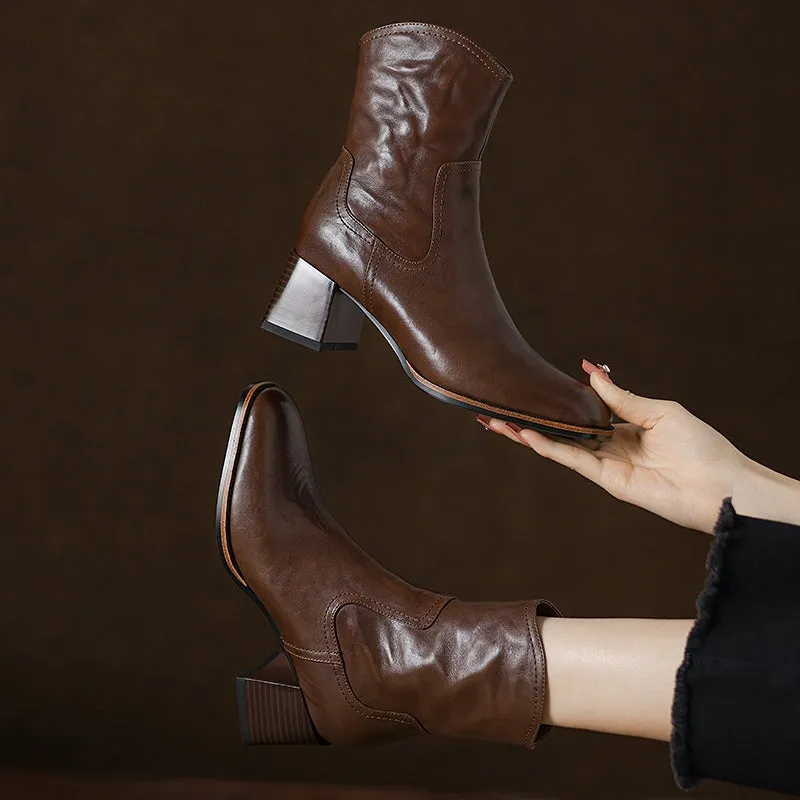 Vintage Handmade Cowhide Square Toe Side Zip Ankle Boots with 55mm Block Heel Black/Brown