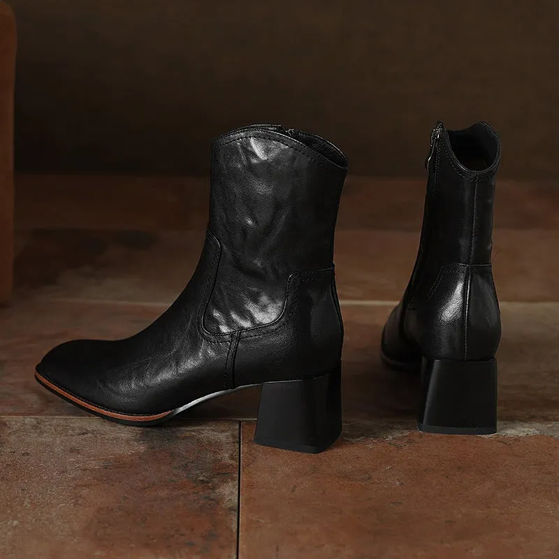 Vintage Handmade Cowhide Square Toe Side Zip Ankle Boots with 55mm Block Heel Black/Brown