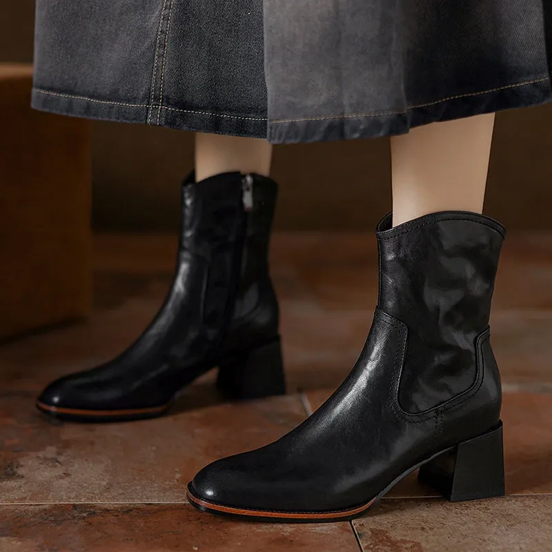 Vintage Handmade Cowhide Square Toe Side Zip Ankle Boots with 55mm Block Heel Black/Brown