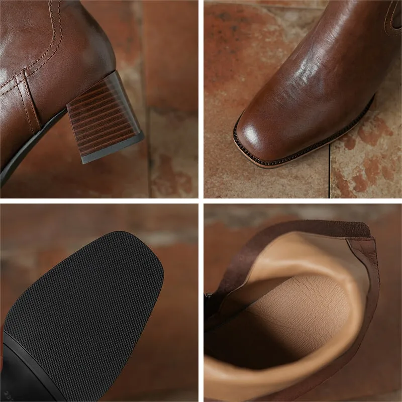 Vintage Handmade Cowhide Square Toe Side Zip Ankle Boots with 55mm Block Heel Black/Brown