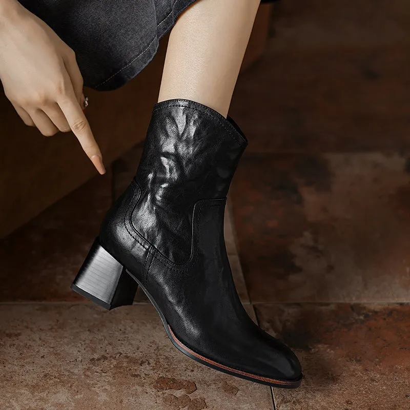 Vintage Handmade Cowhide Square Toe Side Zip Ankle Boots with 55mm Block Heel Black/Brown