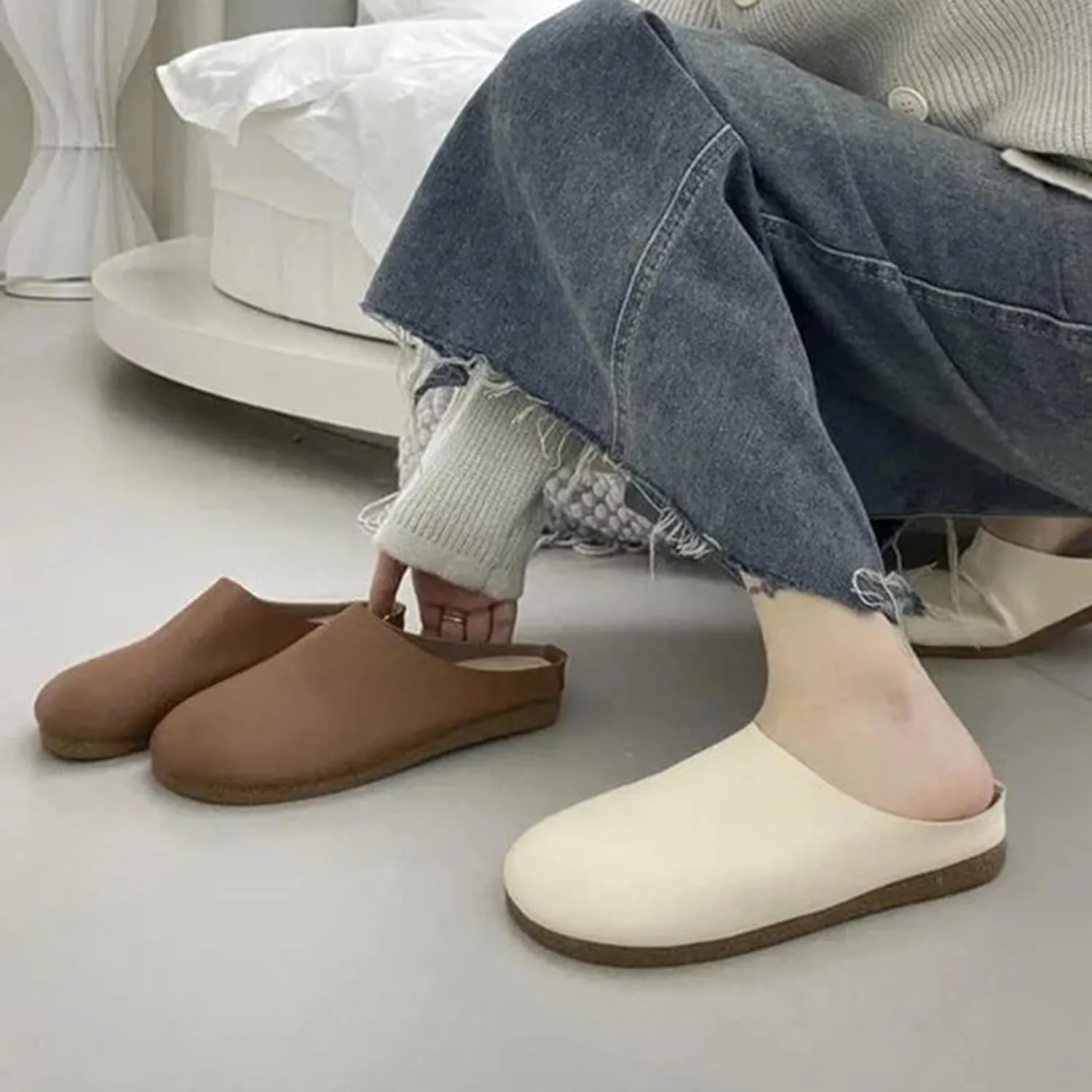 Women's Italian Leather Slippers Orthopedic Shoes,Slip on Closed Toe Orthopedic Mules with Arch Support