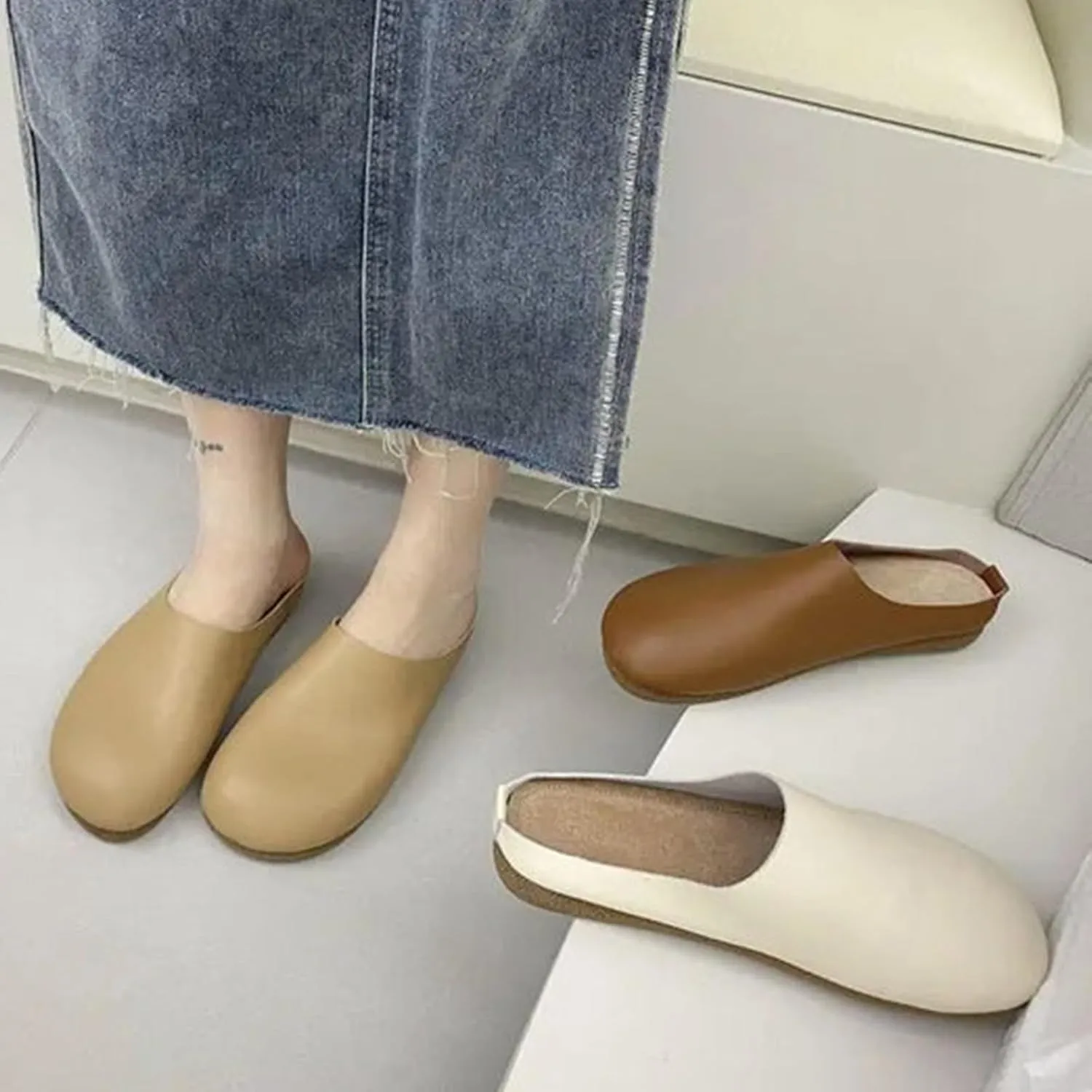 Women's Italian Leather Slippers Orthopedic Shoes,Slip on Closed Toe Orthopedic Mules with Arch Support