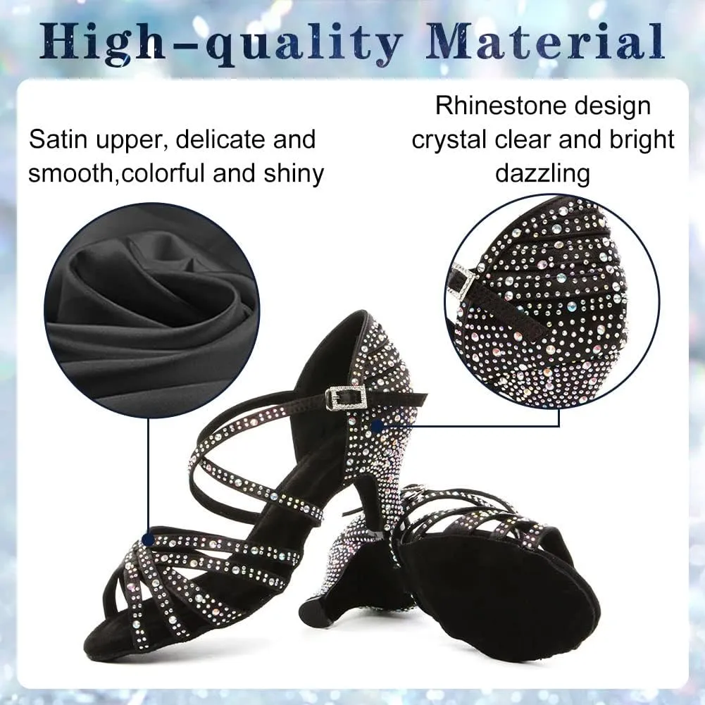 Womens Rhinestone Latin Dance Shoes Satin Open Toe Ballroom Salsa Tango Waltz Dancing Shoes,Model L377
