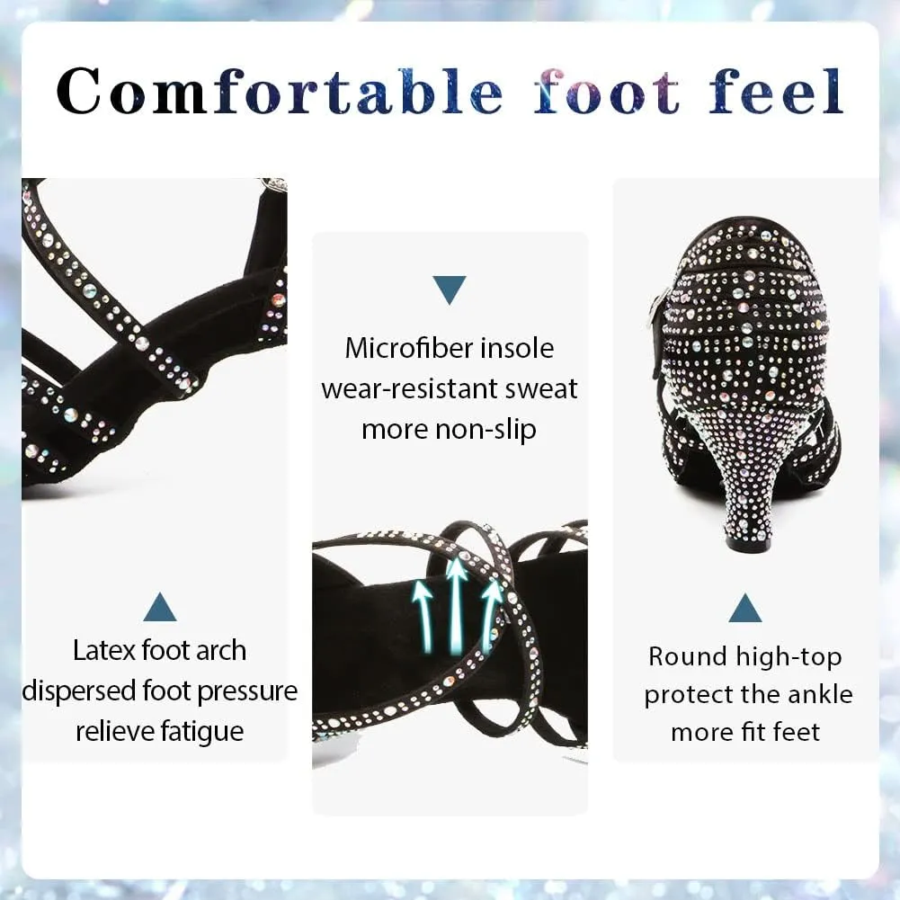 Womens Rhinestone Latin Dance Shoes Satin Open Toe Ballroom Salsa Tango Waltz Dancing Shoes,Model L377
