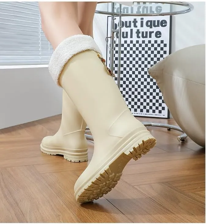 Women's Tall Waterproof Rain Boots Detachable Plush Lining Outdoor Garden Boots