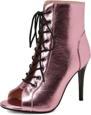 YKXLM Latin Dance Boots Salsa Women Ballroom Lace-up Ankle Open Toe Dance Shoes,9676-1,Pink,6.5US