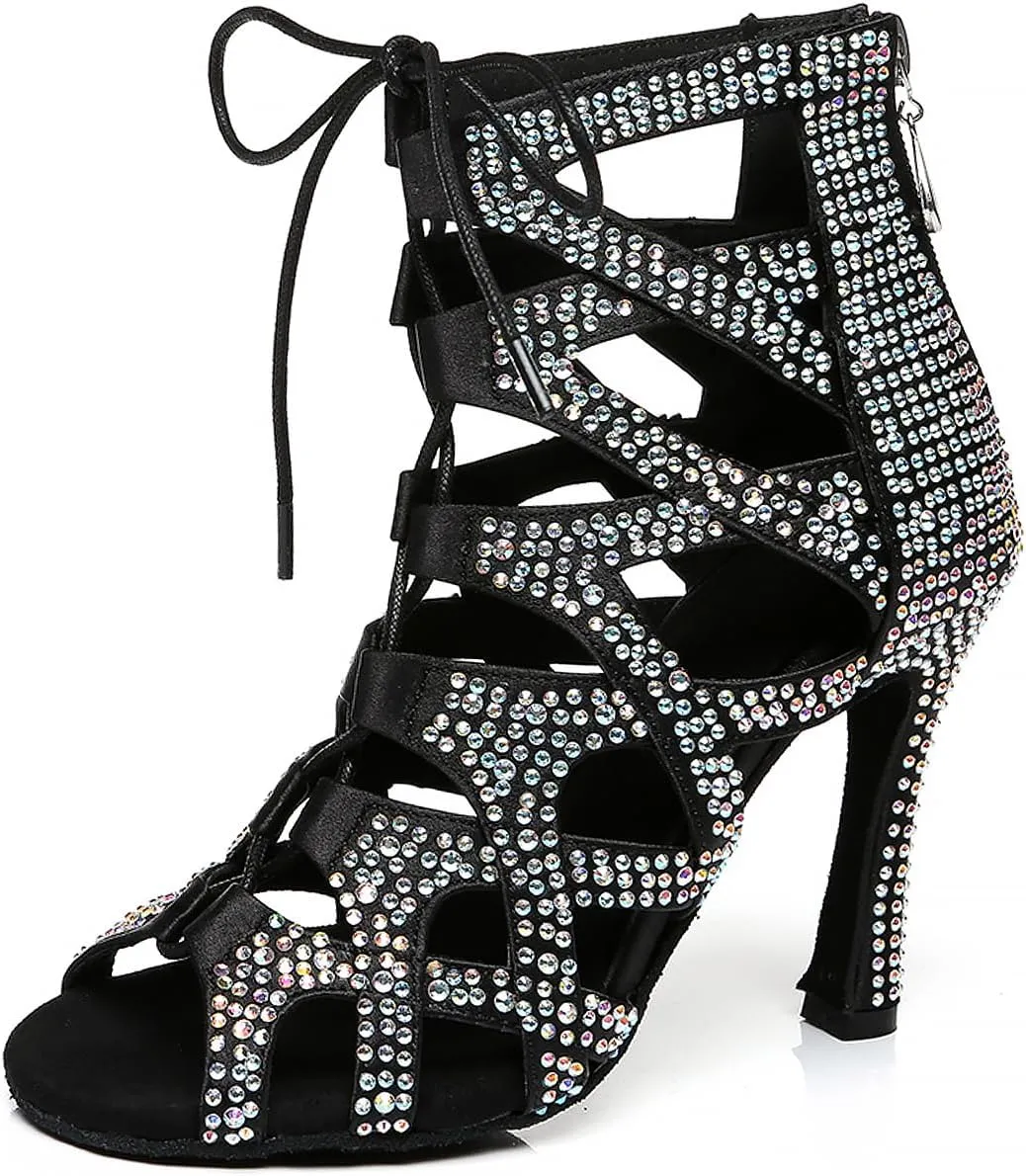 YKXLM Latin Dance Boots Salsa Women Ballroom Lace-up Ankle Open Toe Dance Shoes,L439,4 inch Heel,Black,7 US