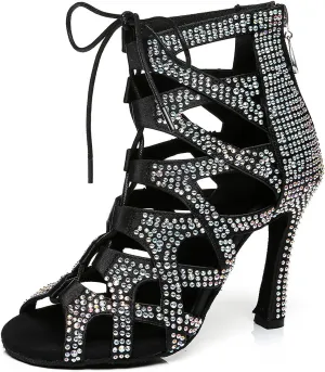 YKXLM Latin Dance Boots Salsa Women Ballroom Lace-up Ankle Open Toe Dance Shoes,L439,4 inch Heel,Black,7 US