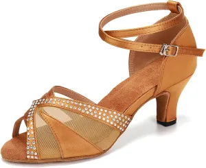 YKXLM Women Rhinestone Ballroom Dance Shoes Latin Performance Dance Shoes Women Suede Sole,L165,2 1/3 inches Heel,Brown,7US