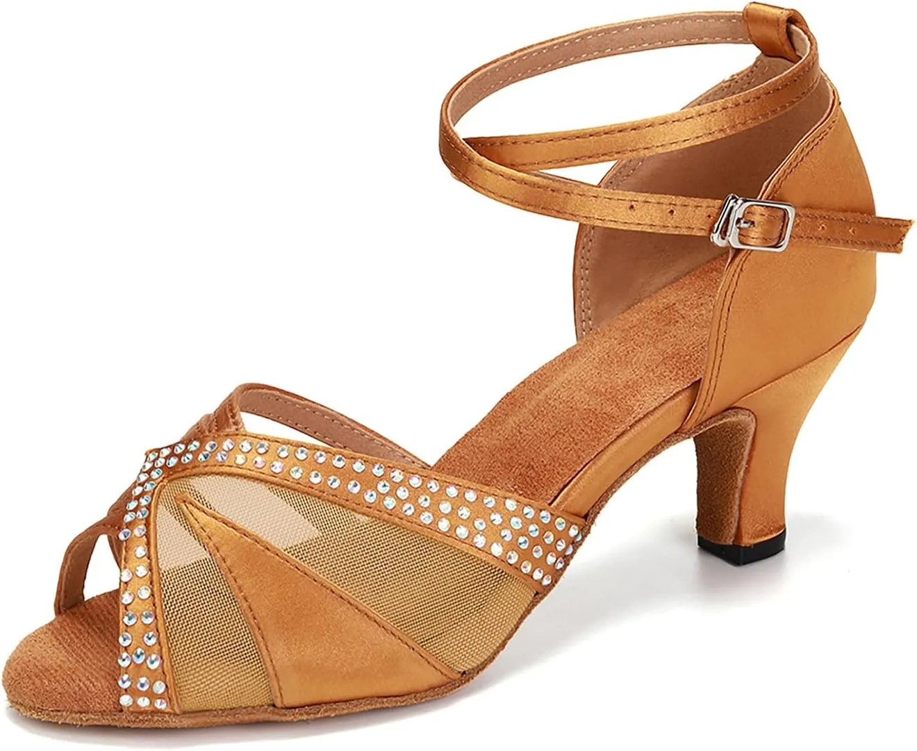 YKXLM Women Rhinestone Ballroom Dance Shoes Latin Performance Dance Shoes Women Suede Sole,L165,2 1/3 inches Heel,Brown,7US