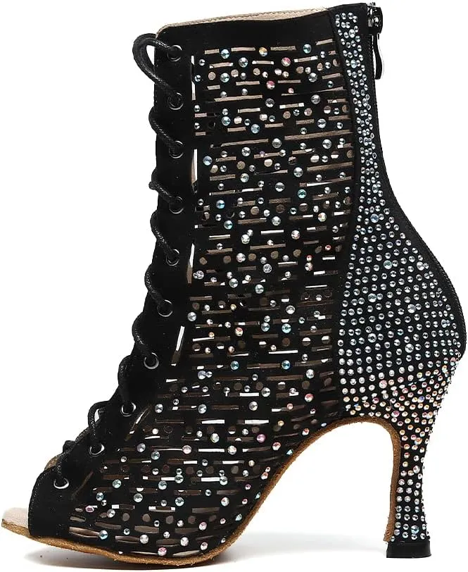 YKXLM Women's Ballroom Latin Salsa Dance Shoes Lace-up Open-Toe Dance Boots Rhinestones,9007