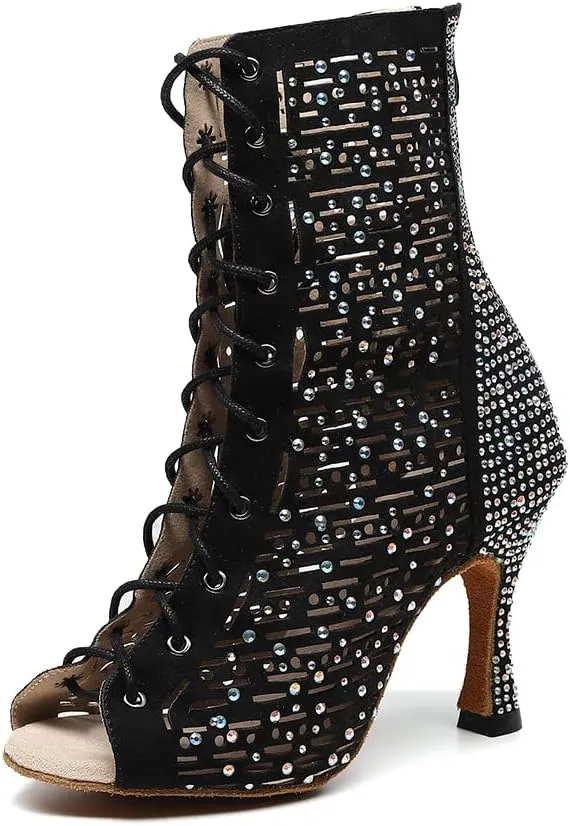 YKXLM Women's Ballroom Latin Salsa Dance Shoes Lace-up Open-Toe Dance Boots Rhinestones,9007